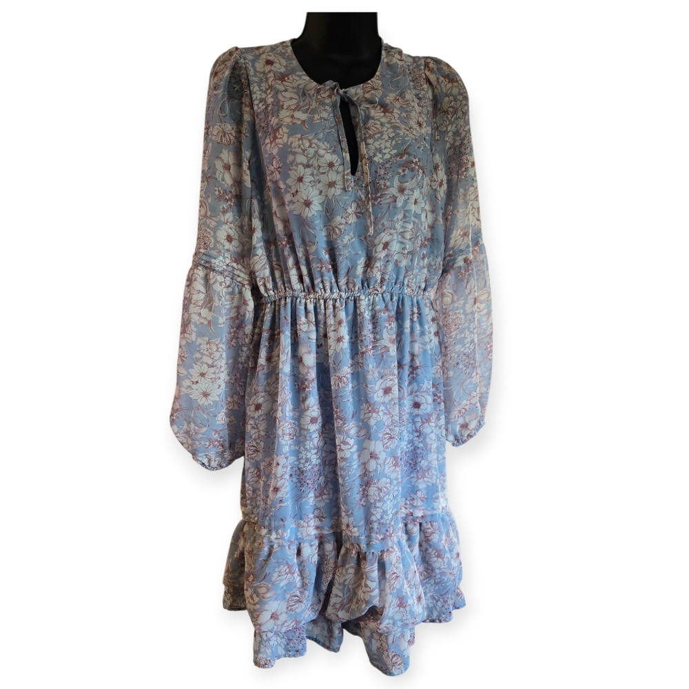 Blue Midi Dress  Pink Floral Pattern Tiered Hemline And Round Neck With Keyhole.